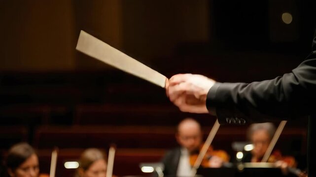 Conductor leading orchestra in formal performance