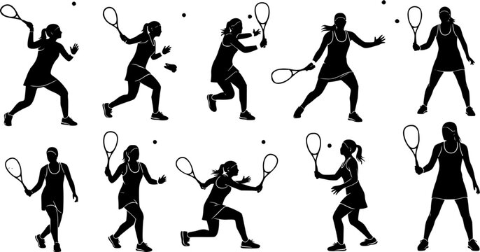 Squash female player silhouettes, Squash player, Squash female players, Squash player vector, Female players silhouette, Squash silhouette, Players clipart
