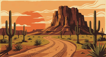 Stylized Illustration of Desert Landscape with Cactus and Rock Formation