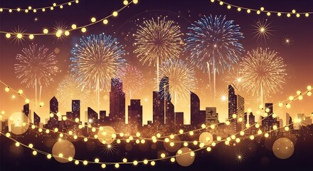 Obraz premium City skyline with fireworks and string lights celebration