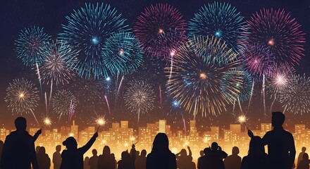 Colorful fireworks light up the night sky above city skyline