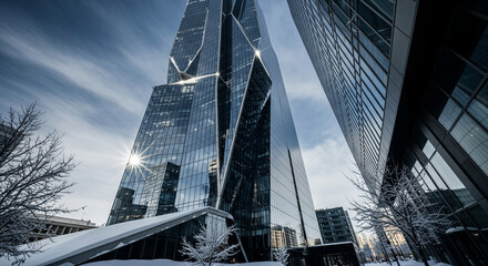 Modern architectural marvel standing tall in a snowy urban landscape at dusk