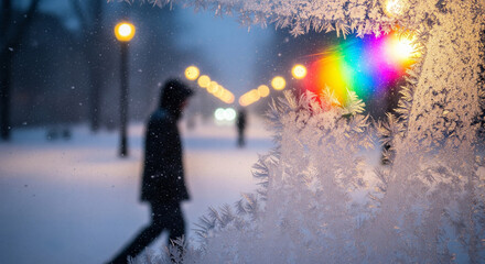 Snowy street scene through frosted glass with rainbow lights shining brightly at dusk