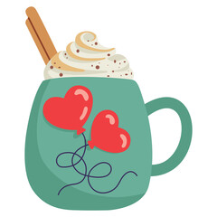 Teal Mug With Whipped Cream And Two Red Heart Balloons Decorated With A Cinnamon Stick And Chocolate Sprinkles A Delightful Treat