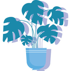 Teal Monstera Plant in a Blue Pot with a Purple Shadow on a Transparent Background Minimalist Graphic Design