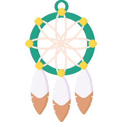 Teal dreamcatcher with white feathers and yellow accents on a clean white background with a transparent overlay showcasing intricate web design and bohemian charm