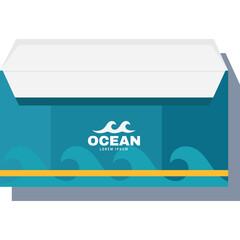 Teal Envelope With A Yellow Stripe And A White Logo Featuring Waves And The Word Ocean Centered Against A White Background