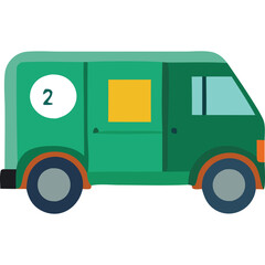 Teal Green Delivery Van With Orange Accents And A Yellow Square Window On A Transparent Background With The Number 2 In A White Circle
