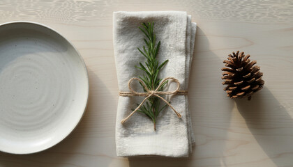 A neatly arranged napkin with rosemary and twine on a wooden table, accompanied by a plate and a pine cone, creating a rustic table setting. Christmas and New Year brunch