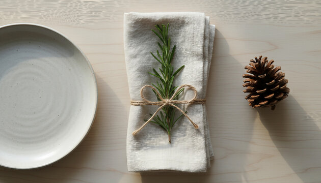 A neatly arranged napkin with rosemary and twine on a wooden table, accompanied by a plate and a pine cone, creating a rustic table setting. Christmas and New Year brunch