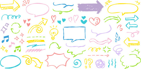 手描きの装飾セット。かわいい線画。ふきだし、矢印、星、ハートなど。ペンで描いた感情のアイコン。