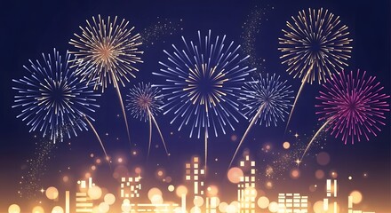 Colorful fireworks explode over illuminated cityscape at night