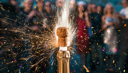 Champagne cork popping with sparkling wine splashing, celebrating a joyful event or occasion, party atmosphere with blurred people in the background. Christmas and New Year celebration