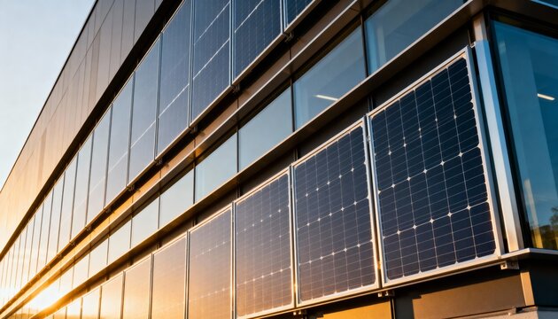 Medium shot of a modern building showcasing seamless solar facade integration with smooth glasslike photovoltaic panels blending into the exterior walls. - Powered by Adobe