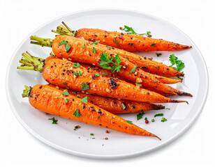A plate of roasted carrots isolated on a white background