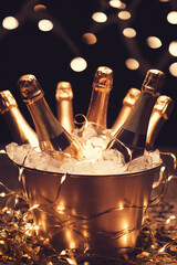 Chilled champagne bottles in a bucket filled with ice, adorned with twinkling lights, perfect for celebration and festive occasions. Christmas and New Year