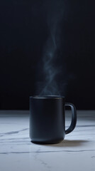 A black mug emits steam against a dark background, creating a cozy and inviting atmosphere, ideal for beverage or coffee-related themes.