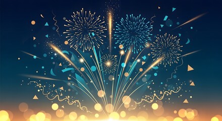 Colorful abstract fireworks burst with confetti on a gradient night sky