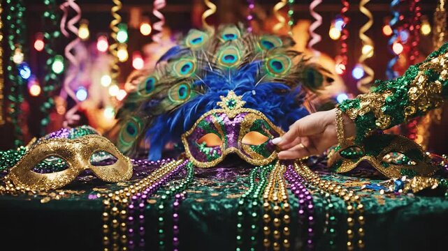 Buying a Mardi Gras mask displayed with colorful beads and vibrant decorations. Buying a Mardi Gras mask celebration includes elaborate designs, feathers, and embellishments on display for shoppers.