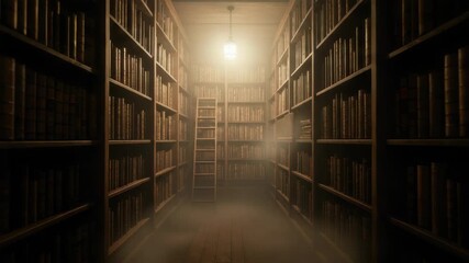 Dimly lit library aisle with numerous wooden bookshelves and ladder - Powered by Adobe