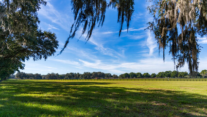 Beautiful Ocala horse ranch on a blue sky