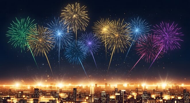 Colorful fireworks explode over a glittering cityscape at night