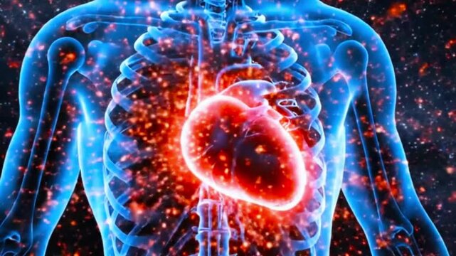 Radiant human anatomy featuring a glowing heart and skeletal structure with a cosmic background