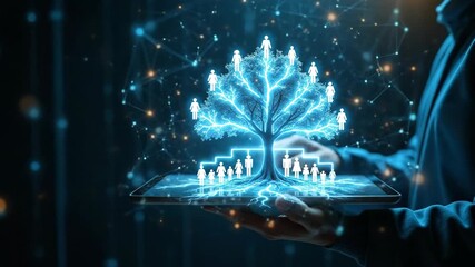 The digital tree grows on the tablet, the genealogy theme, with glowing roots and branches on a digital tablet. Digital tree grows on tablet, shining as a concept of ancestry and heritage. - Powered by Adobe