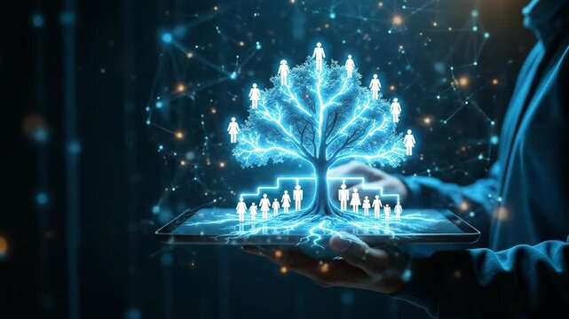 The digital tree grows on the tablet, the genealogy theme, with glowing roots and branches on a digital tablet. Digital tree grows on tablet, shining as a concept of ancestry and heritage.