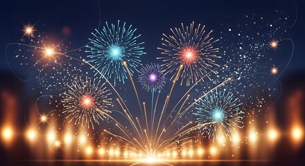 Colorful exploding fireworks light up the night sky with celebration sparks