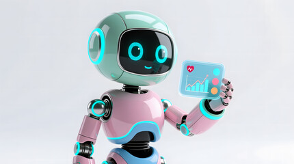 Robot analyzing fitness data displayed on a digital wristband for personalized health.