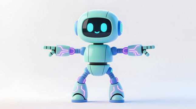 Cute humanoid robot mascot demonstrating a balanced posture for exercise or fitness.