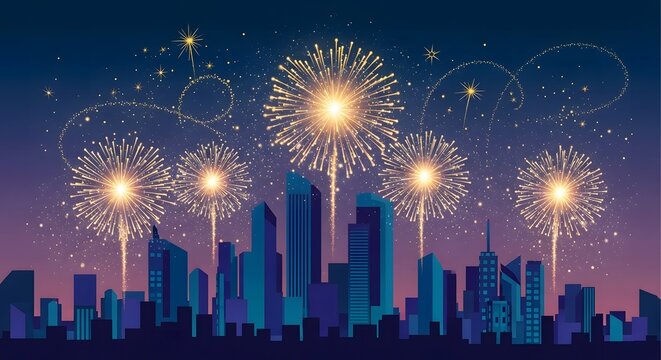 Golden fireworks illuminate a modern city skyline under a starry night sky. - Powered by Adobe