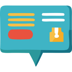 Teal speech bubble icon with orange and red elements indicating a message or notification with a small box icon in the corner on a transparent background