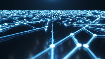 Glowing blue network connections and digital data flow with futuristic technology communication, illuminated pathways and abstract electronic connections creating high tech atmosphere on dark surface