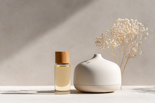aromatherapy setup, neutral color palette with a ceramic diffuser, dried flowers, and a glass bottle of essential oil in soft morning light