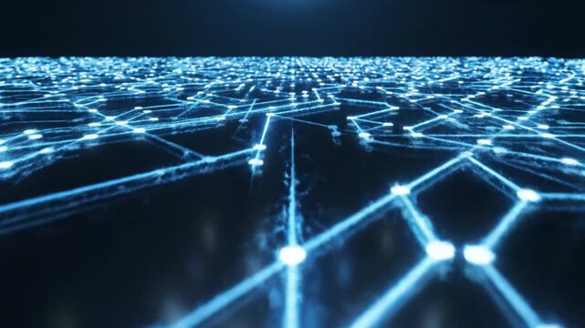 Glowing blue network connections and digital data flow with futuristic technology communication, illuminated pathways and abstract electronic connections creating high tech atmosphere on dark surface