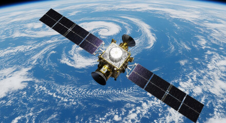 An advanced satellite orbits high above Earth. Its solar panels gleam against blue oceans and swirling white clouds, highlighting global communication and space technology.