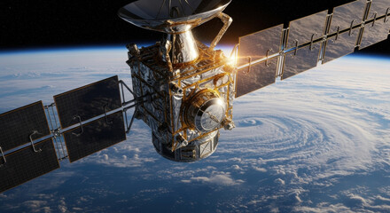 Advanced satellite orbits Earth, its large solar panels and dish antenna reflecting sunlight. It observes global weather patterns, transmitting vital communication data from space.