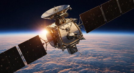 A sophisticated communication satellite orbits above Earth. Its advanced solar panels reflect bright sunlight, symbolizing global connectivity, technology, and space exploration.