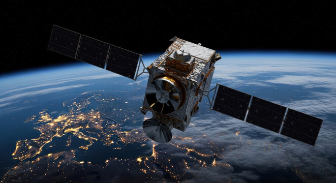 Modern satellite orbits Earth at night, showcasing bright city lights across continents and deep space. Solar panels capture energy. Global communication concept.