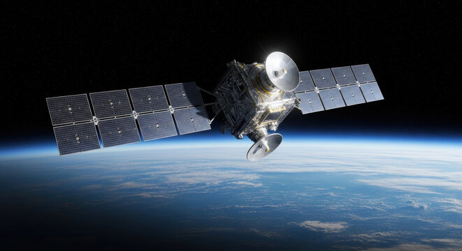 A sophisticated communication satellite orbits above Planet Earth, featuring large solar panels and reflective antennas against a starry, deep space background. Global connection concept.