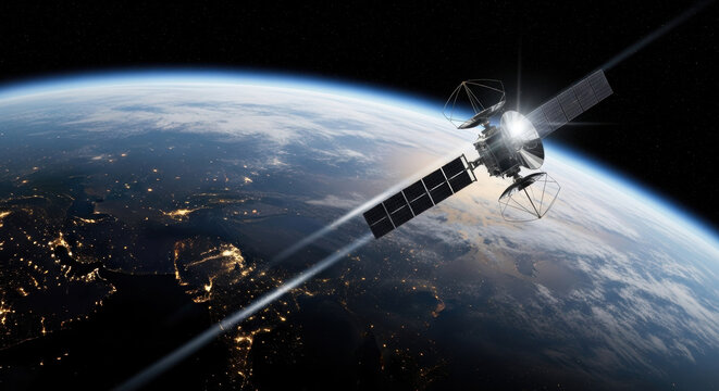A sophisticated communication satellite orbits above Earth, illuminating the night side with brilliant city lights. scene highlights global connectivity and space technology.