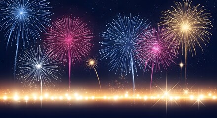 Colorful fireworks explode in the night sky with glowing lights below