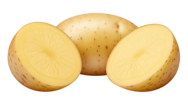 Fresh raw potato cut in half showing the yellow flesh, isolated on transparent background