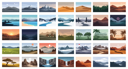 Collection of scenic landscape vector illustrations showing mountains desert forest sea river and sunset in colorful nature views Concept of travel nature serenity and exploration