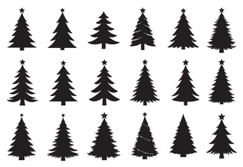 Vector silhouette set of christmas tree shapes with star toppers arranged in rows concept of holiday celebration winter decoration and festive design
