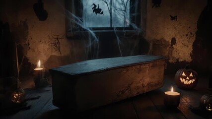 Spooky Halloween Night: Coffin, Candles, and Jack-o'-Lanterns in a Haunted Room - Powered by Adobe