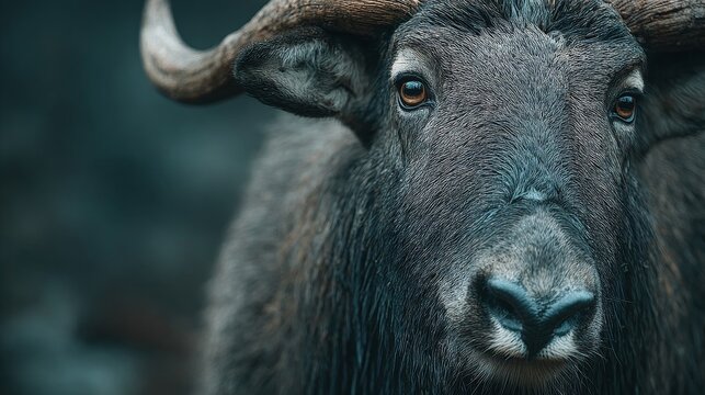 A close-up portrait of a wild buffalo with large curved horns, showcasing detailed fur texture and intense gaze against a dark background. - Powered by Adobe