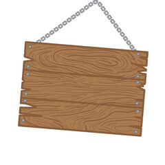 Rustic Wooden Signboard Hanging by Chains with Detailed Wood Grain Texture and Silver Rivets Isolated on Transparent Background Displaying Natural Brown Hues and Weathered Appearance Perfect for